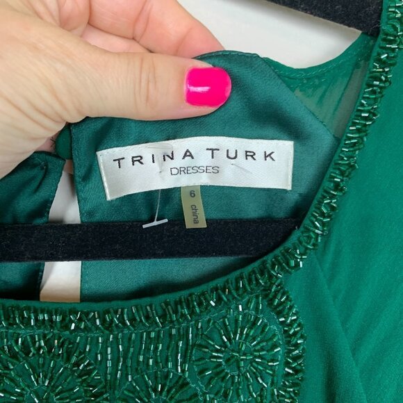 Trina Turk Green Silk Beaded Countess Blouson Mini Dress Size 6 - Picture 5 of 11